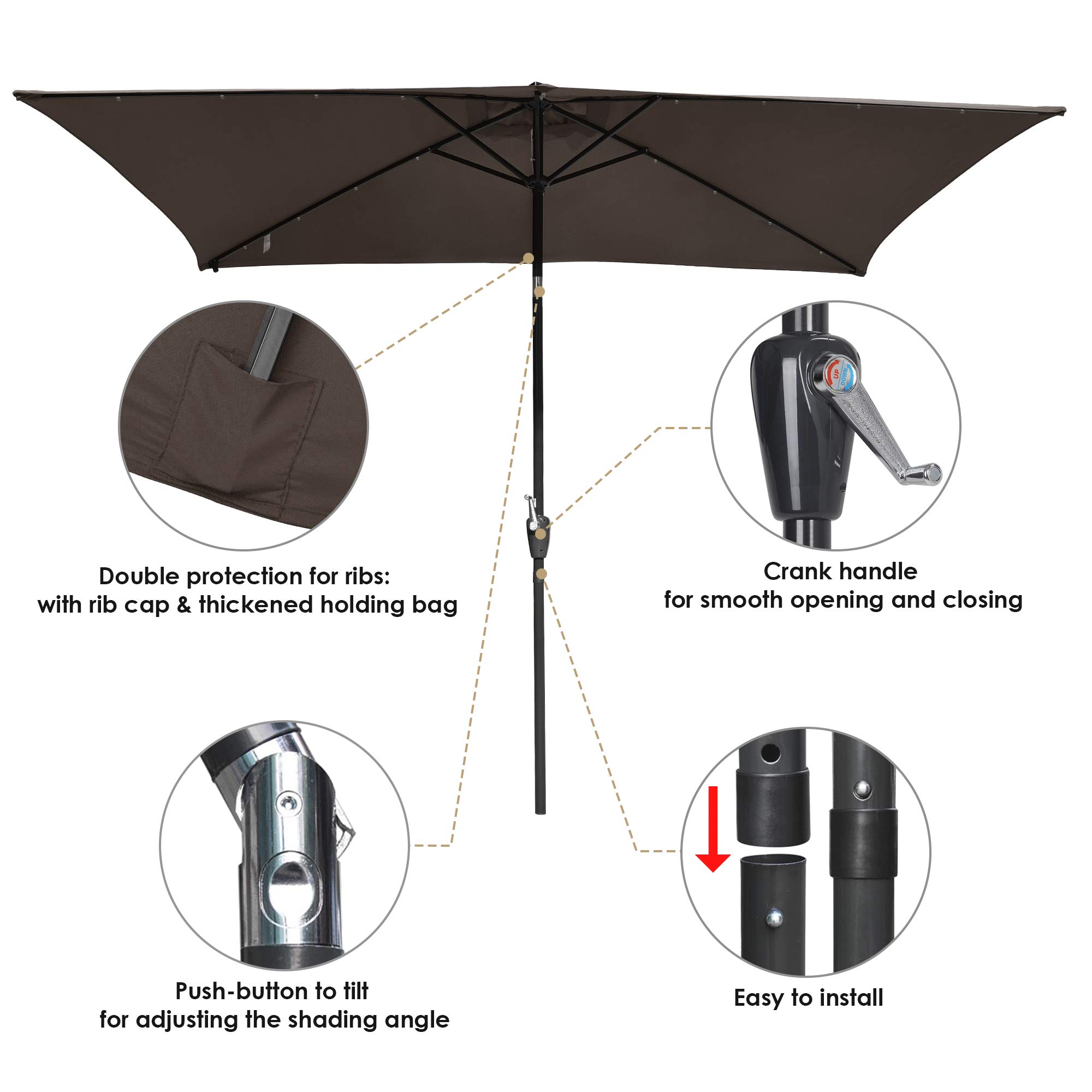 Yescom 10x6.5 ft Outdoor Patio Umbrella with Solar LED Lights - Aluminum Frame, Crank Tilt Mechanism, Chocolate Color (2 Pack) - Perfect for Poolside, Garden, Backyard, and Patio Relaxation