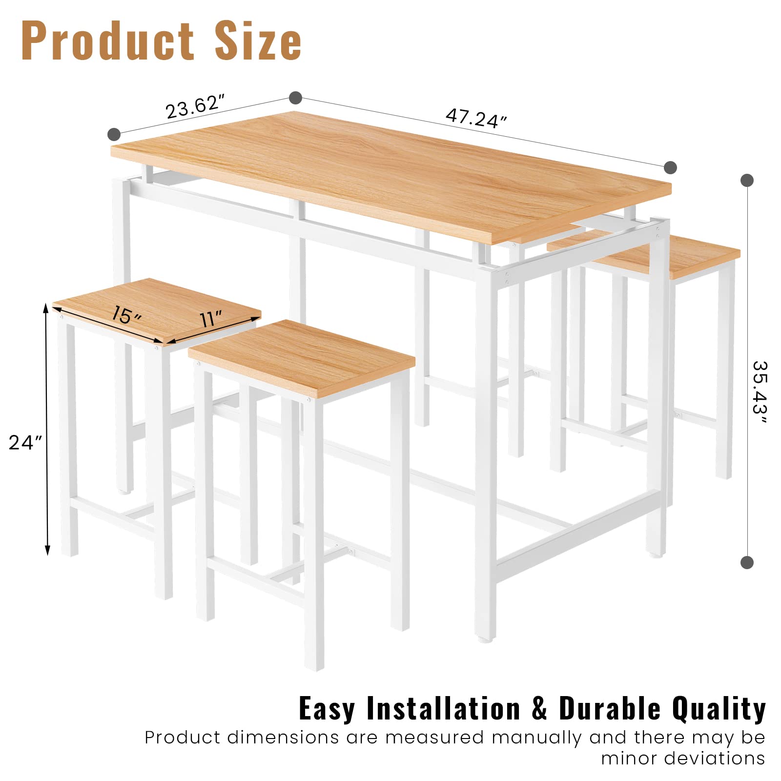 DKLGG 5-Piece Wooden Dining Table Set for 4 - Small Kitchen Table with 4 Stools, Space-Saving Bar Height Kitchen Table and Chairs Set - Perfect for Breakfast Nooks, Small Apartments & Cozy Dining Areas