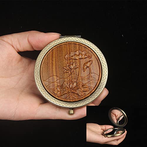 Vintage Carved Sandalwood Makeup Mirror - Portable Folding Compact Mirror with Comb, Round Mahogany Design in Bronze-Green (Perfect for Travel, Vanity & Gift Giving)