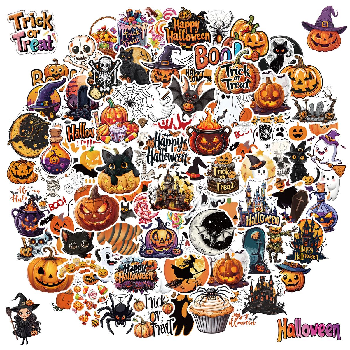 100pcs Unique Halloween Stickers for Kids - Waterproof Vinyl Party Favors, Trick or Treat Decorations - Perfect for Classroom Rewards, Pumpkin Carving, Costume Accessories & Scrapbooking