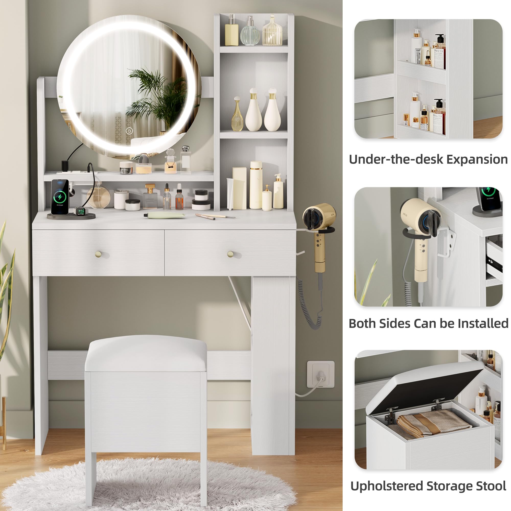 DWVO Vanity Desk with Mirror and LED Lights - Makeup Vanity Table Set with Power Outlets, Stool & 3 Lighting Modes - White Dressing Table with 3 Drawers & Storage Shelves for Bedroom - Perfect for Makeup Application, Skincare Routine & Home Decor