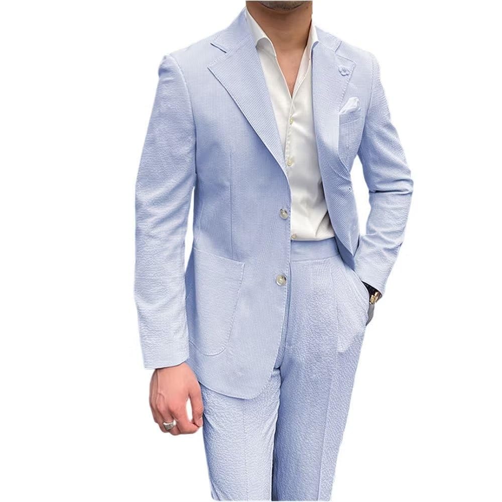 HZUOU Men's Slim Fit Striped Seersucker Suit 2-Piece Set - Wedding Tuxedo & Summer Beach Leisure Outfit | Breathable Lightweight Formal & Casual Wear for Weddings, Parties, Vacations