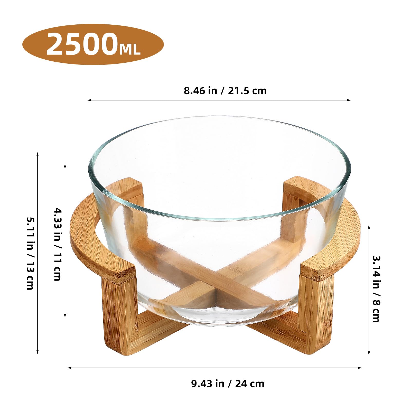 HEMOTON 2500ml Glass Salad Bowl with Wood Stand - Clear Fruit Dessert Bowl, Vegetable Dish, Ice Bucket - Microwave & Oven Safe Kitchen Serving Container for Parties, Picnics, and Family Dinners