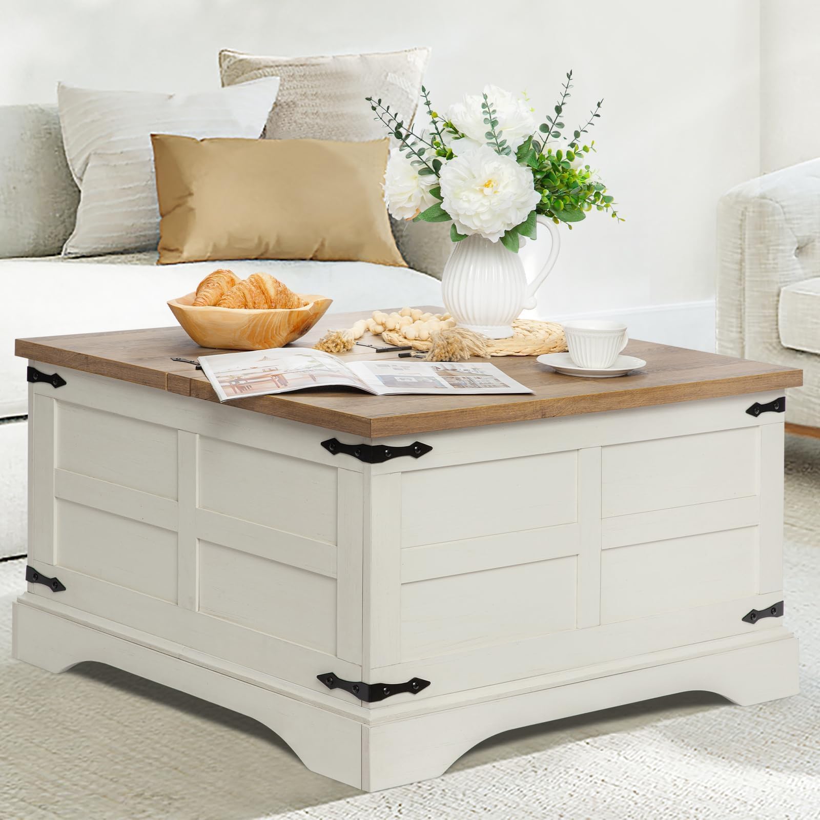 Rustic Farmhouse Coffee Table with Hinged Lift Top & Hidden Storage - Solid Wood Square Center Table for Living Room, Home Office - Antique White Finish | Perfect for Small Spaces, Family Gatherings & Cozy Home Decor