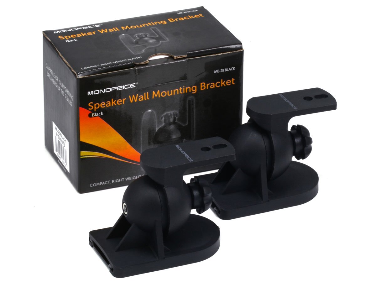 Monoprice Low Profile 7.5 lb Capacity Speaker Wall Mount Brackets Pair - Heavy Duty Black Speaker Mounts for Home Theater, Studio & Surround Sound Systems