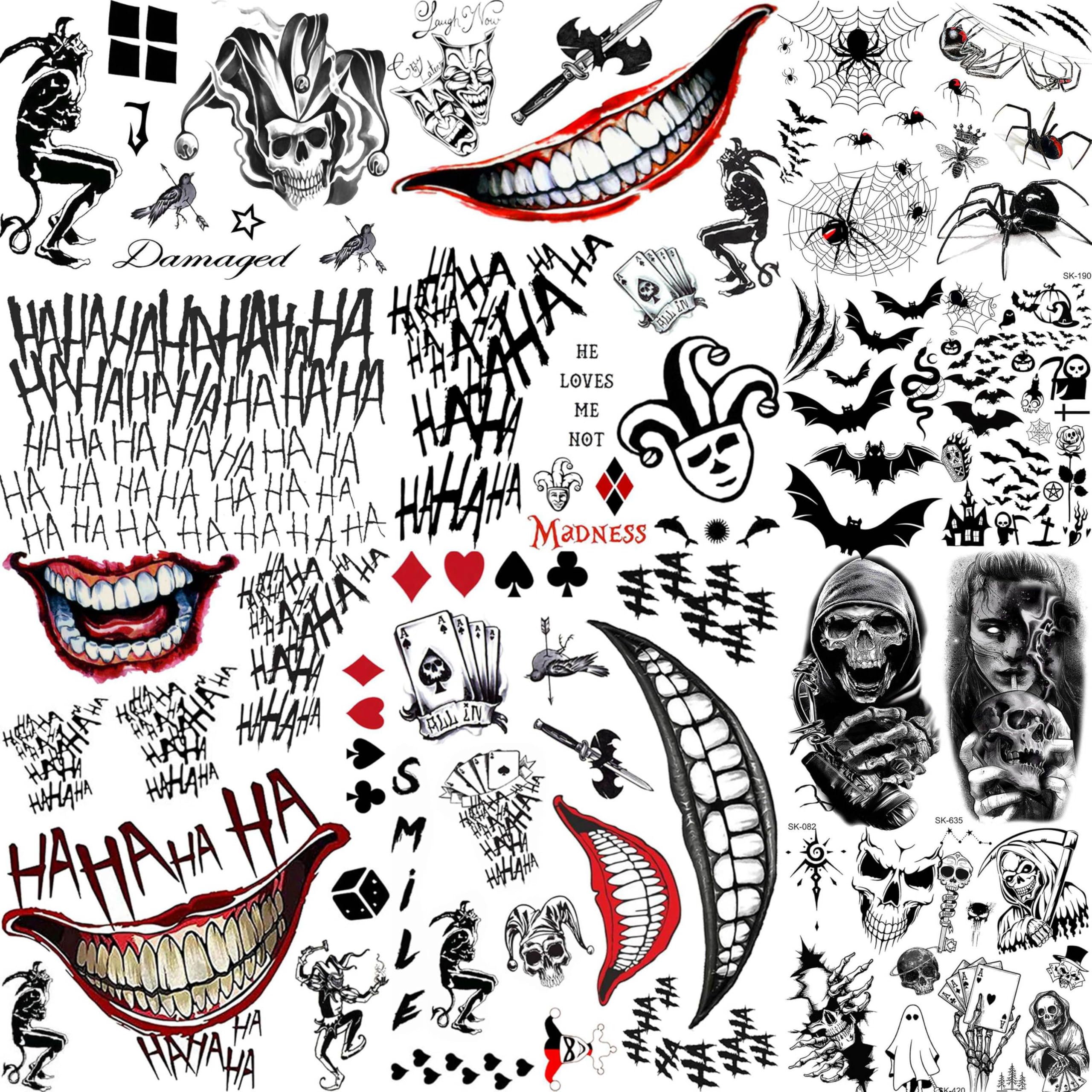 The Joker Halloween Tattoo Kit - 12 Fake Temporary Tattoos for Face & Body, Includes 4 Damaged Joker Hand Tattoos, 8 Small Devil Skull Bat Spider Web Ghost Skeleton Stickers - Perfect for Halloween Costumes, Cosplay & Party Makeup