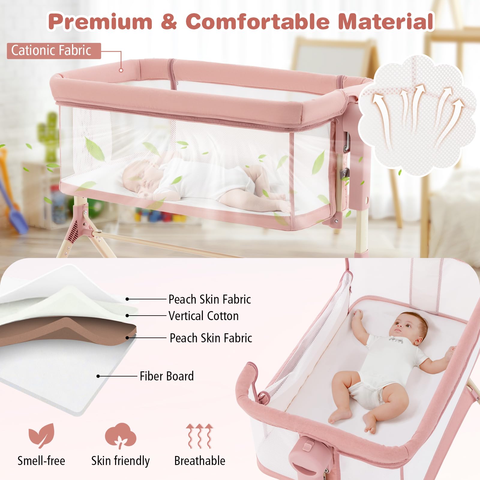 BABY JOY 3-in-1 Rocking Bassinet with Storage Basket | Adjustable Height Baby Bedside Sleeper with Universal Wheels, Mattress & Portable Bag | Nursery, Bedroom & Travel Use (Pink)