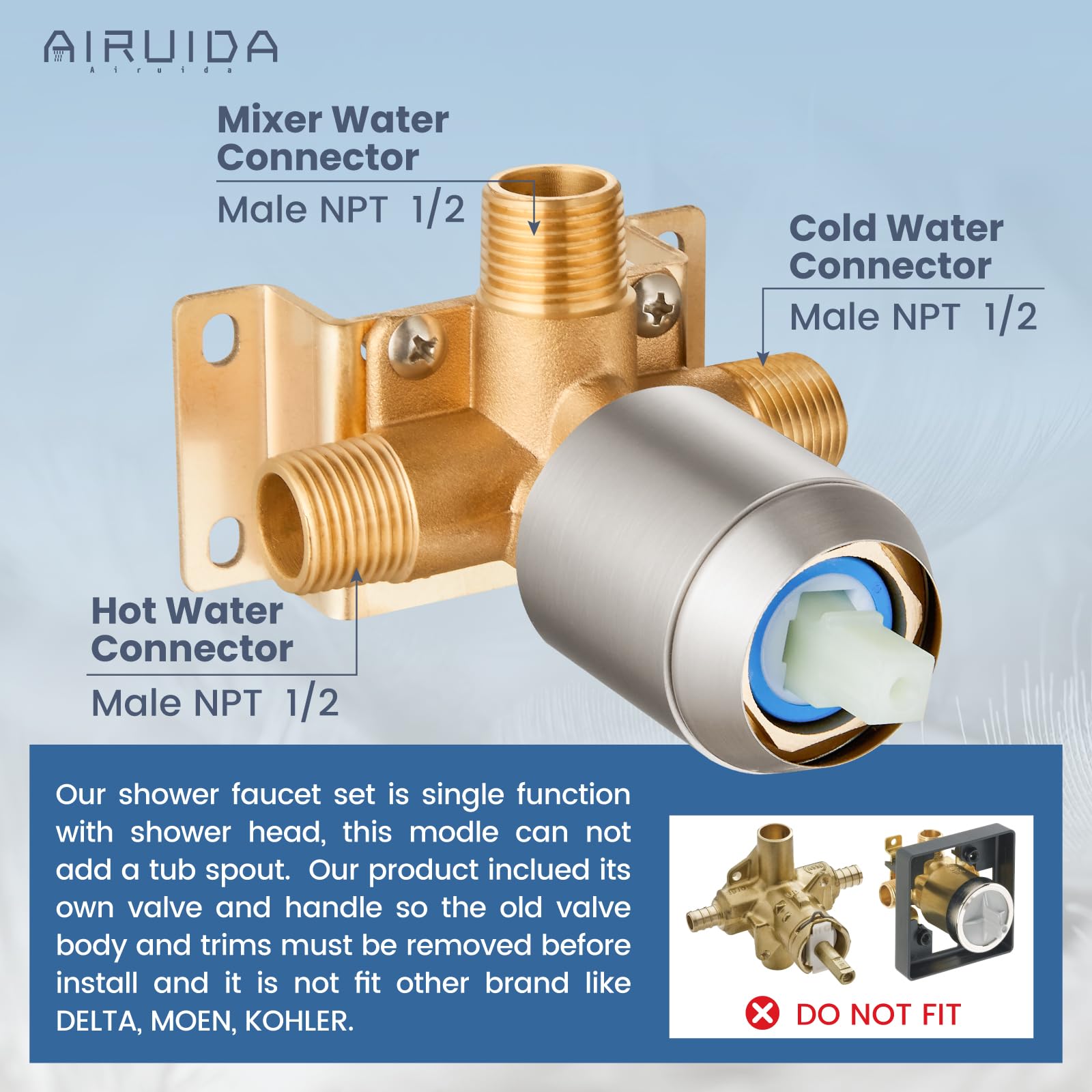 Airuida Brushed Nickel 12 Inch Square Rainfall Shower System - Single Function Ceiling Mount Shower Faucet Set with Male Threads & Rough-in Valve | Perfect for Modern Bathroom Renovations & Spa-Like Shower Experience