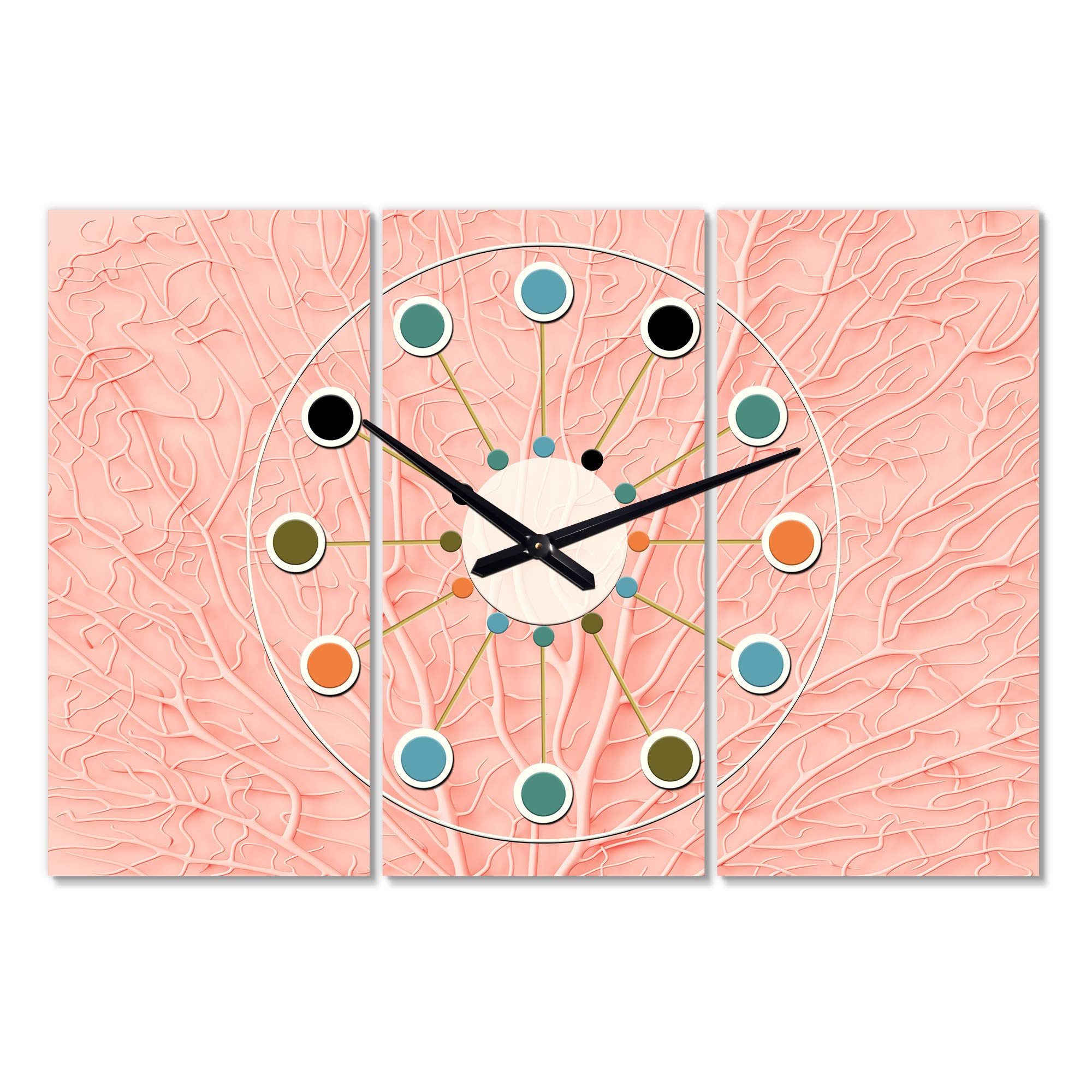 DesignQ Mid-Century Modern Wall Clock - 12 Inch Round Living Coral Pink Wall Clock for Home, Office & Living Room Decor | Vintage Style, Silent Non-Ticking, Perfect for Bedroom, Kitchen & Dining Area