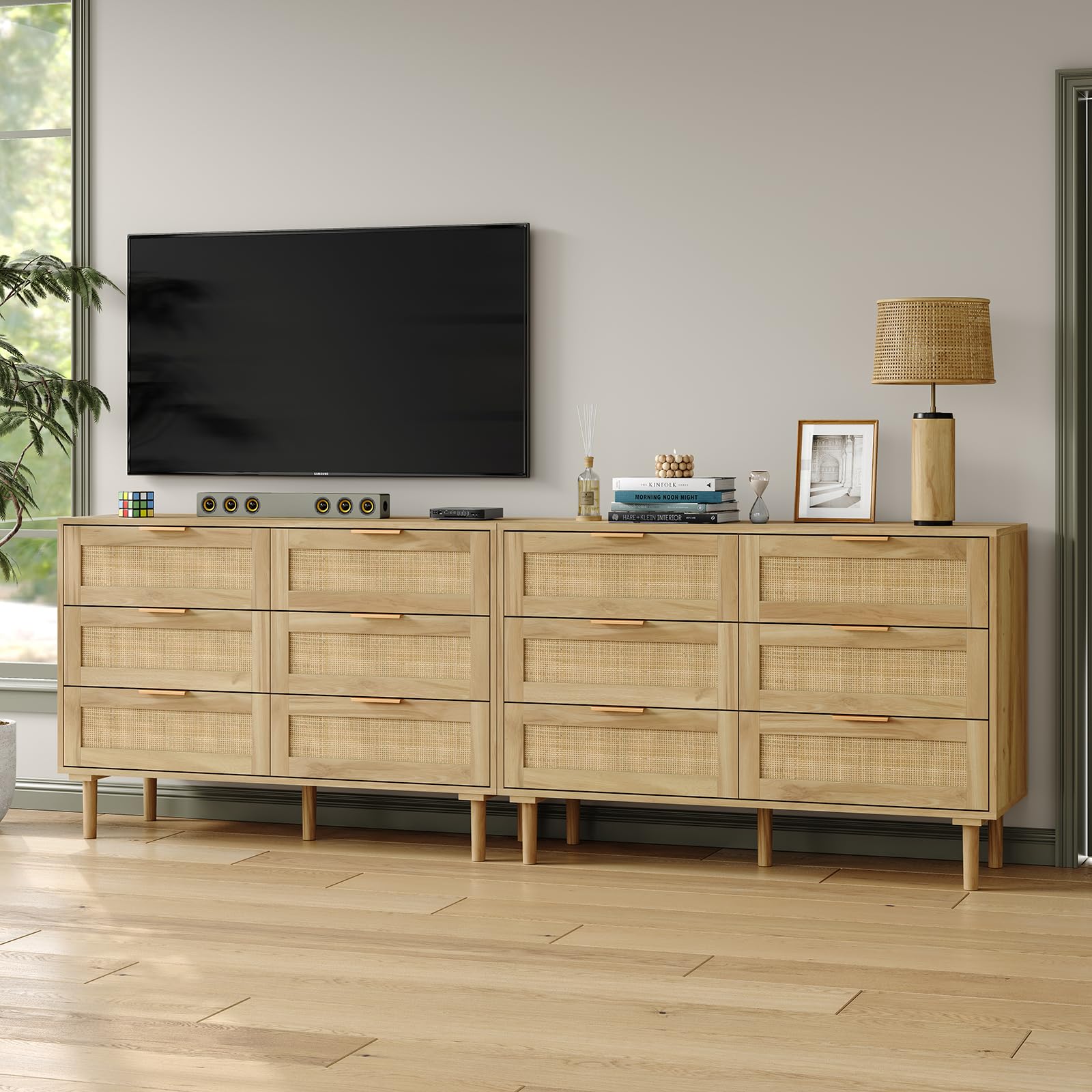 Furniouse 6-Drawer Rattan Dresser - Solid Wood Legs & Natural Woven Rattan Drawers - Boho Bedroom Dresser & Modern Chest of Drawers for Bedroom, Living Room - Perfect for Storage, Organization & Home Decor