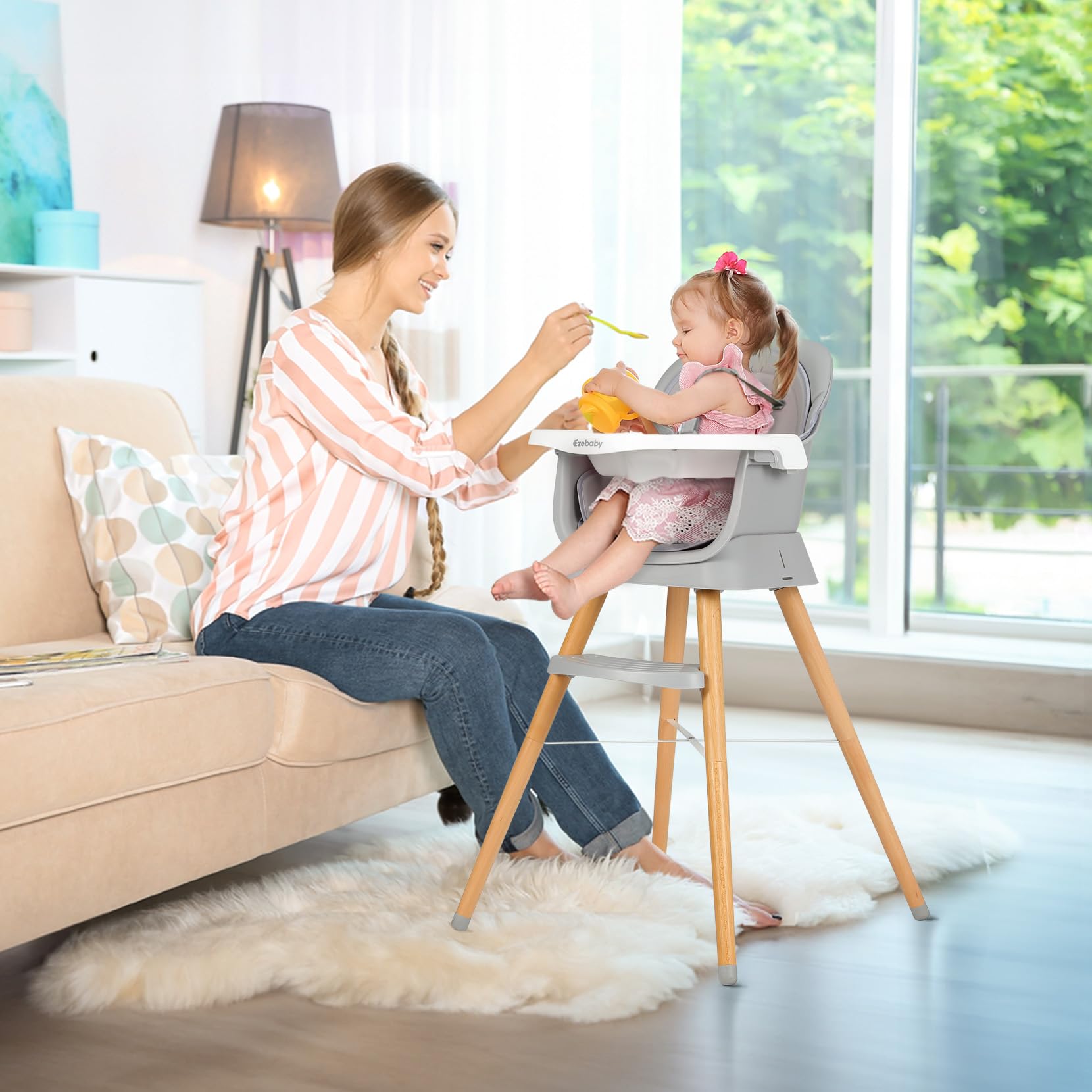 Ezebaby 6-in-1 Portable Baby High Chair with Adjustable Legs & Double Cushions - Convertible Toddler Booster Seat for Dining Table | Perfect for Home, Travel & Restaurant Use (Grey)