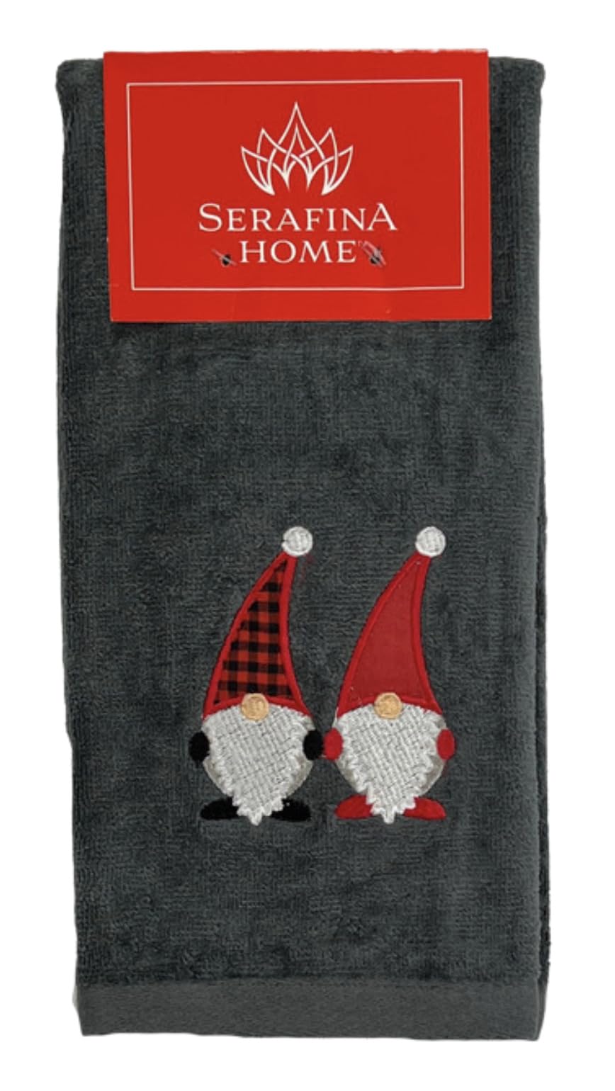 Christmas Gnomes Towel Set - 2 Pack Dark Grey Hand Towels with Red & White Embroidery | Nordic Holiday Decor | Perfect for Kitchen, Bathroom & Festive Home Decor
