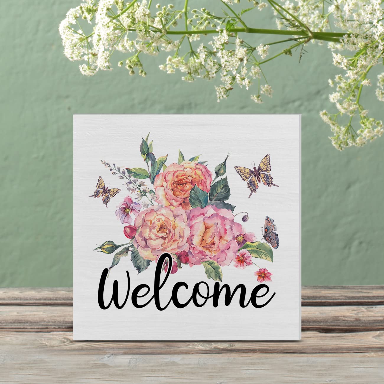 Floral Butterflies Welcome Wooden Box Sign - Farmhouse Spring Decor, 5x5 Inch Wooden Art Block for Desk, Shelf, or Tabletop - Perfect for Home, Office, and Gift Giving