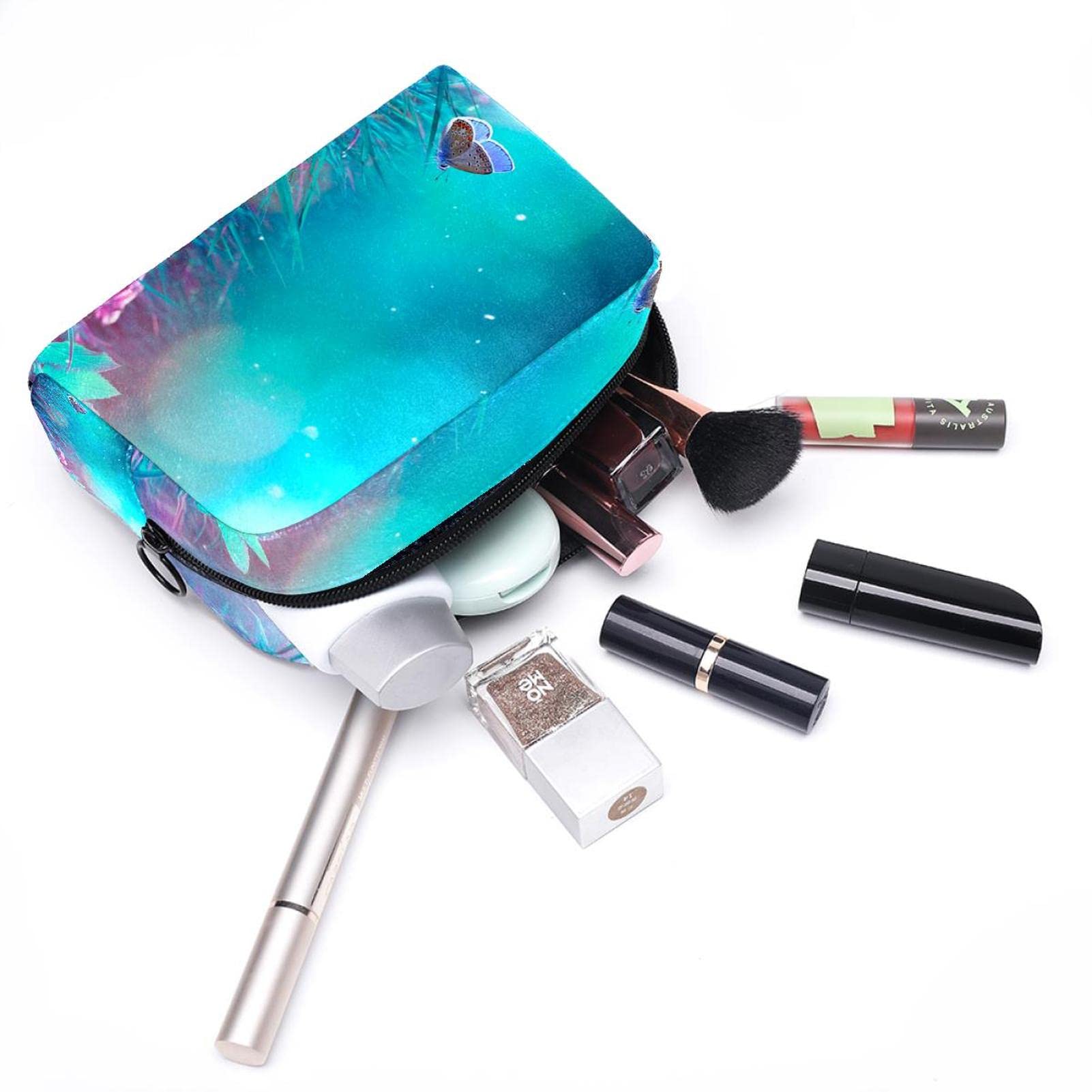 Elegant Cyan Grass Butterfly Makeup Bag - Large Capacity Travel Toiletry Organizer Case for Women | Perfect for Travel, Gym, and Daily Cosmetics Storage