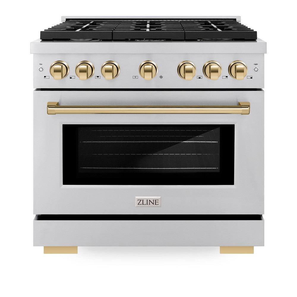 ZLINE Autograph Edition 36-inch 5.2 cu. ft. Dual Fuel Range with 6-Burner Gas Cooktop & Electric Convection Oven - Stainless Steel with Polished Gold Accents (SDRZ 36 G) - Perfect for Professional Home Chefs & Modern Kitchens