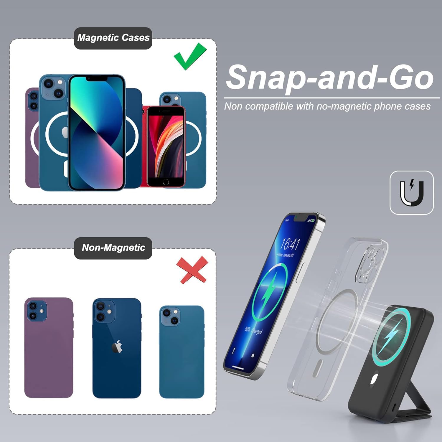 AOGUERBE 10000mAh Magnetic Wireless Power Bank with LED Display - 22.5W PD Fast Charging Foldable Portable Charger for iPhone 16/15/14/13/12 Pro/Pro Max/Plus/Mini | Includes USB-C Cable | Perfect for Travel, Work & Outdoor Activities