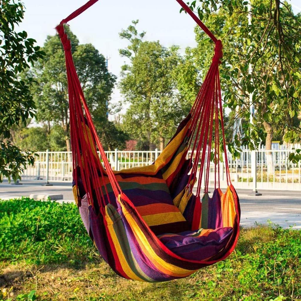 Premium Outdoor Hammock Swing Chair - Striped Canvas Hanging Rope Chair for Porch, Patio & Garden - Comfortable Indoor/Outdoor Swing Seat for Adults & Kids - Perfect for Relaxing in Backyard, Balcony or Nursery (Red)