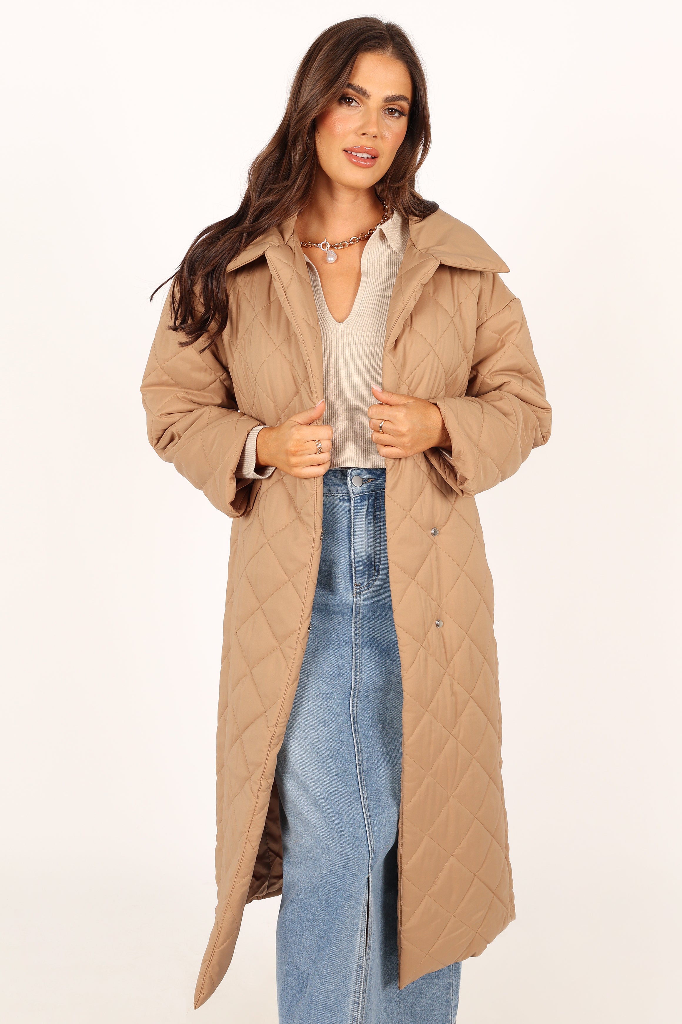 Kallie Women's Quilted Tie Front Coat - Camel Color, Lightweight Long Sleeve Jacket for Fall & Winter | Perfect for Office, Dating & Outdoor Activities