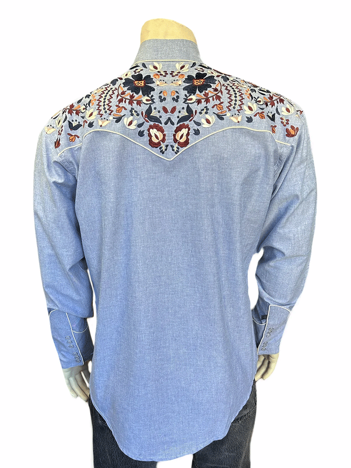 Rockmount 6709 BLU Men's Vintage Floral Embroidered Western Shirt - Blue Cowboy Style Button Up for Country Music Festivals & Rodeo Events
