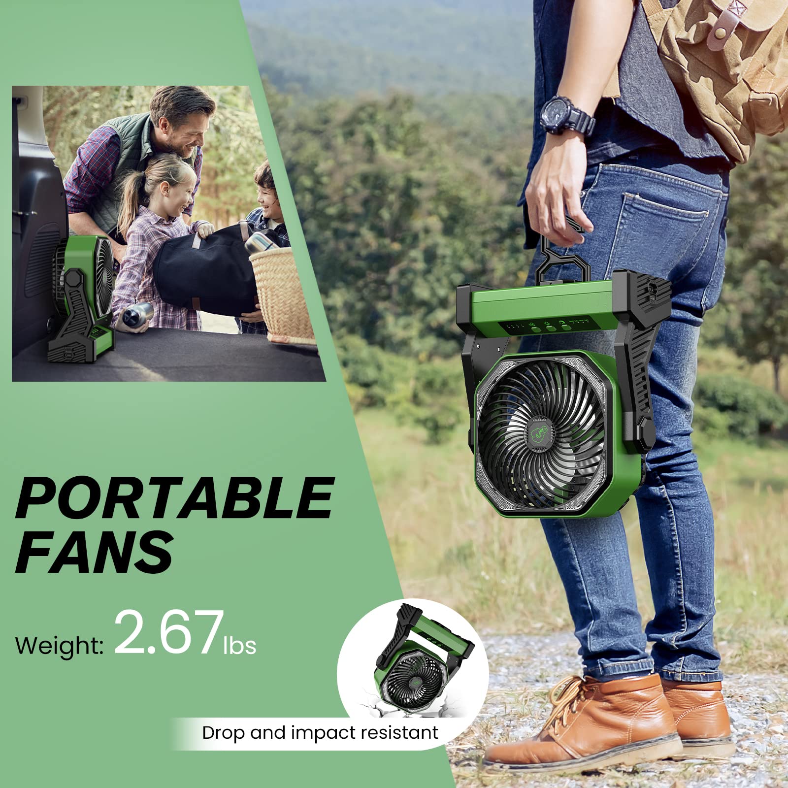 20000mAh Portable Fan with 16 LED Lights - Rechargeable Battery Operated Fan Lasts 58 Hours - Camping Fan & Lantern for Outdoor Adventures, Hiking, Backpacking, and Emergency Use - Green