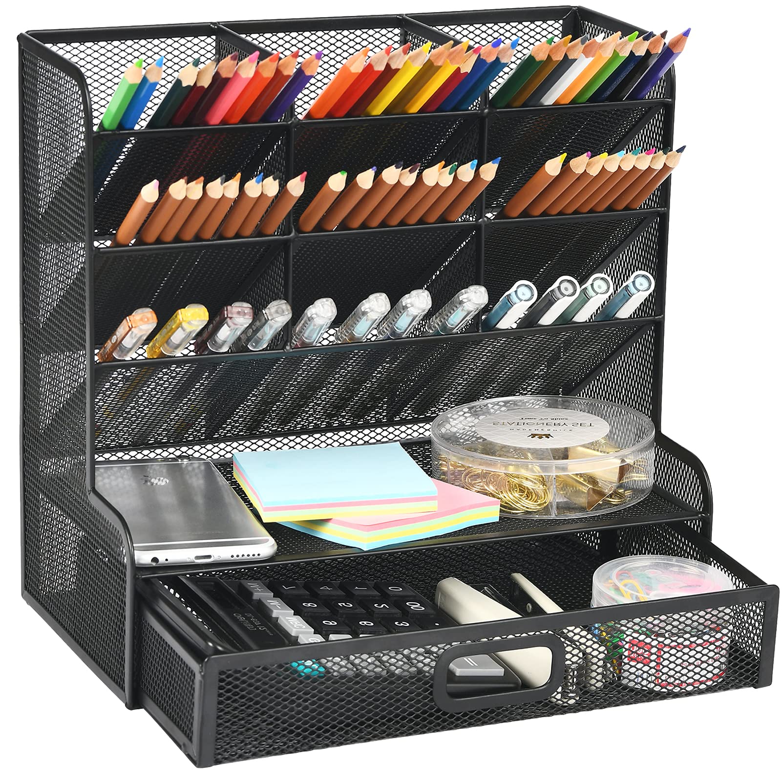 Marbrasse Mesh Desk Organizer - Multi-Functional Pen Holder & Stationery Storage Rack for School, Home, Office & Art Supplies (Black Mesh with Drawer) - Perfect for Workspace Organization & Craft Storage