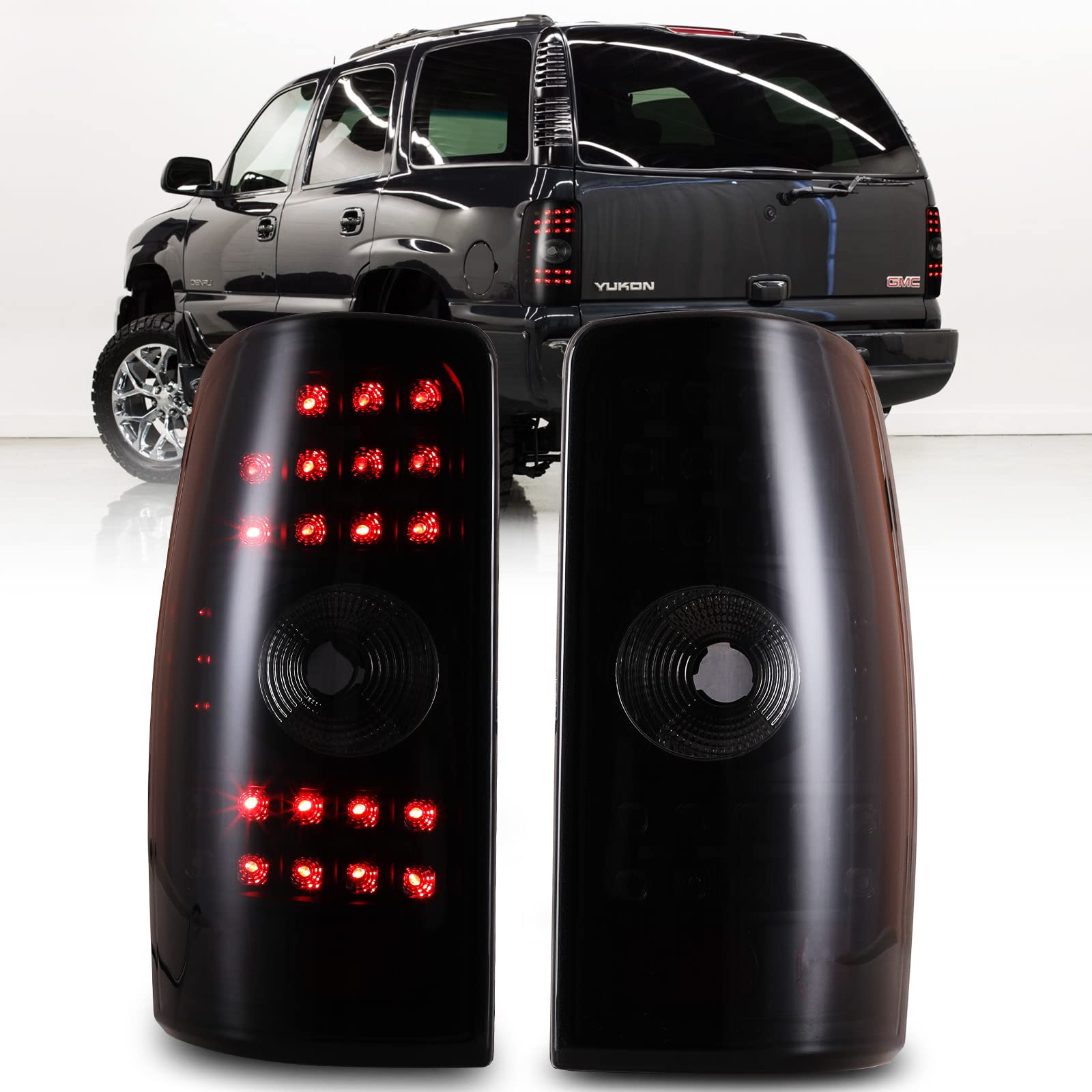 LED Tail Lights Assembly Compatible for Chevrolet Suburban Tahoe 2000-2006 & Chevy Pickup - Black Housing Smoke Lens Taillights (Driver & Passenger Side, 1 Pair) - Durable Replacement for Enhanced Night Visibility & Safety