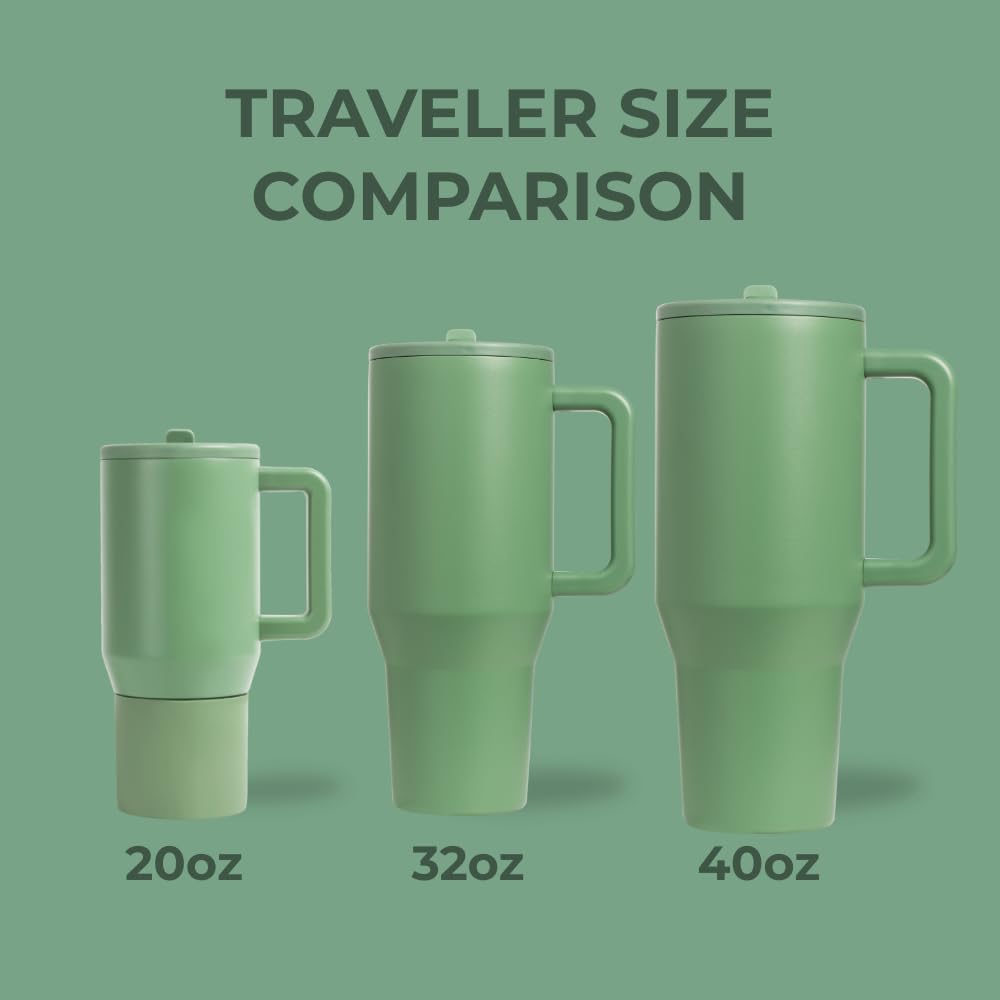 HydroJug Traveler - 32 oz Insulated Stainless Steel Water Bottle with Handle & Flip Straw - Leak Proof, Fits in Cup Holder - Reusable Travel Tumbler with Rubber Base - Perfect Gift for Women & Men (Sage Green) - Ideal for Gym, Hiking, Office & Outdoor Activities