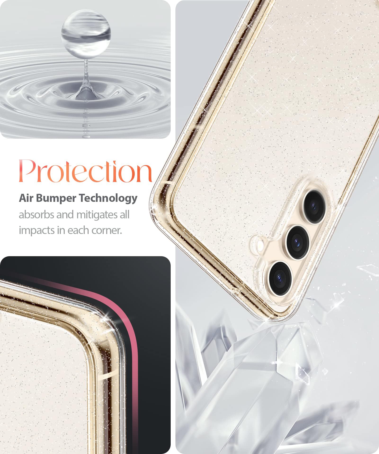 Glitter Clear Shockproof Phone Case for Samsung Galaxy S24 Plus 5G with Diamond Camera Lens Protector + 2 Pack Tempered Glass Screen Protector | Sparkly Protective Cover for Women | Perfect for Daily Use, Parties & Gift Giving