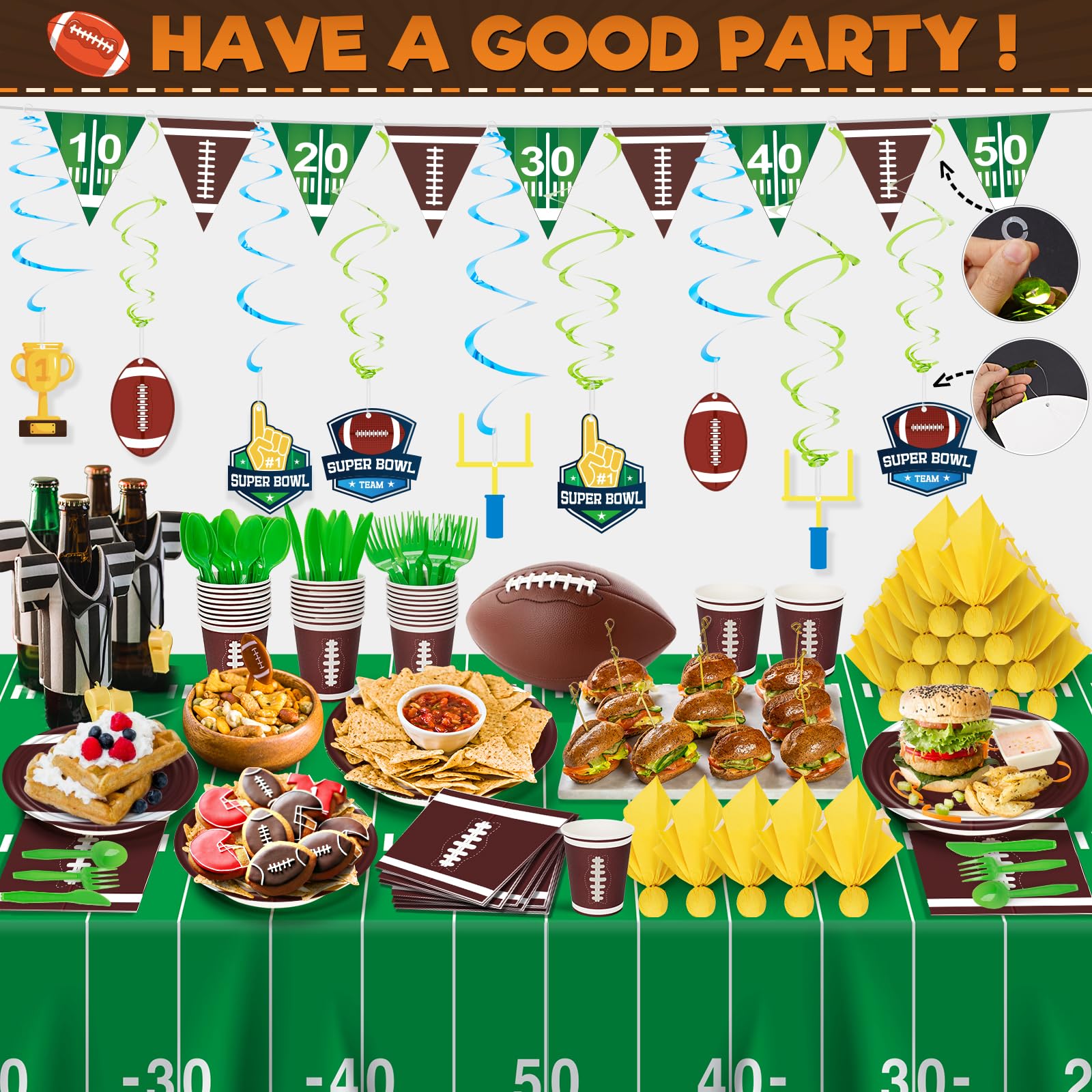 183 Pcs Super Bowl Party Decorations Kit 2025 - Football Party Supplies for 24 Guests, Includes Tablecloth, Plates, Cups & Banner - Perfect for Super Bowl Parties, Football Birthday Celebrations & Tailgating Events