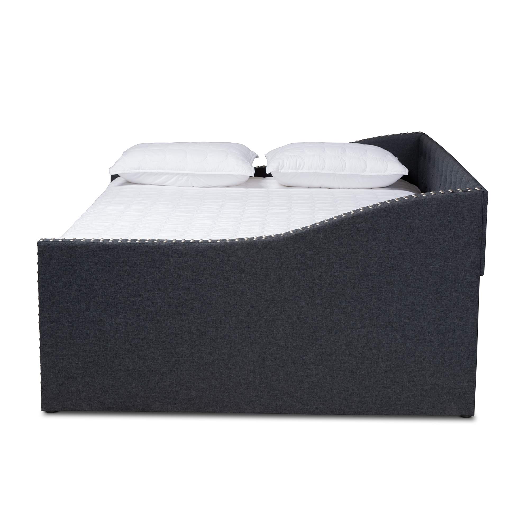 Baxton Studio Modern Queen Daybed with Trundle - Dark Grey Upholstered Sleeper Sofa for Guest Room, Living Room & Small Spaces