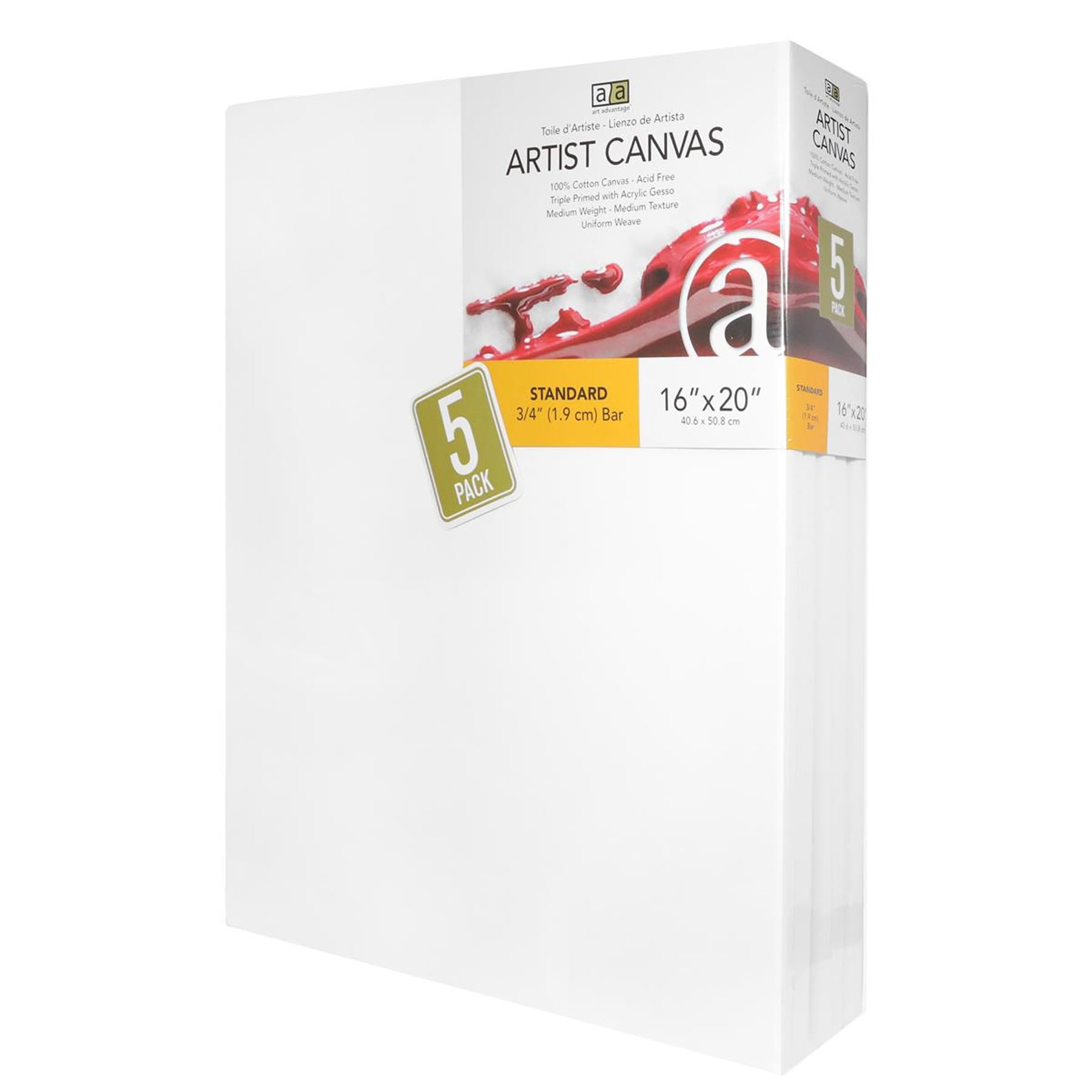Art Advantage 16x20 Inch Stretched Canvas Pack of 5 - Professional Pre-Stretched Artist Canvas for Acrylic & Oil Painting - Blank Visual Edge Canvas for Artists - Perfect for Studio Work, Home Decor & Gift Giving