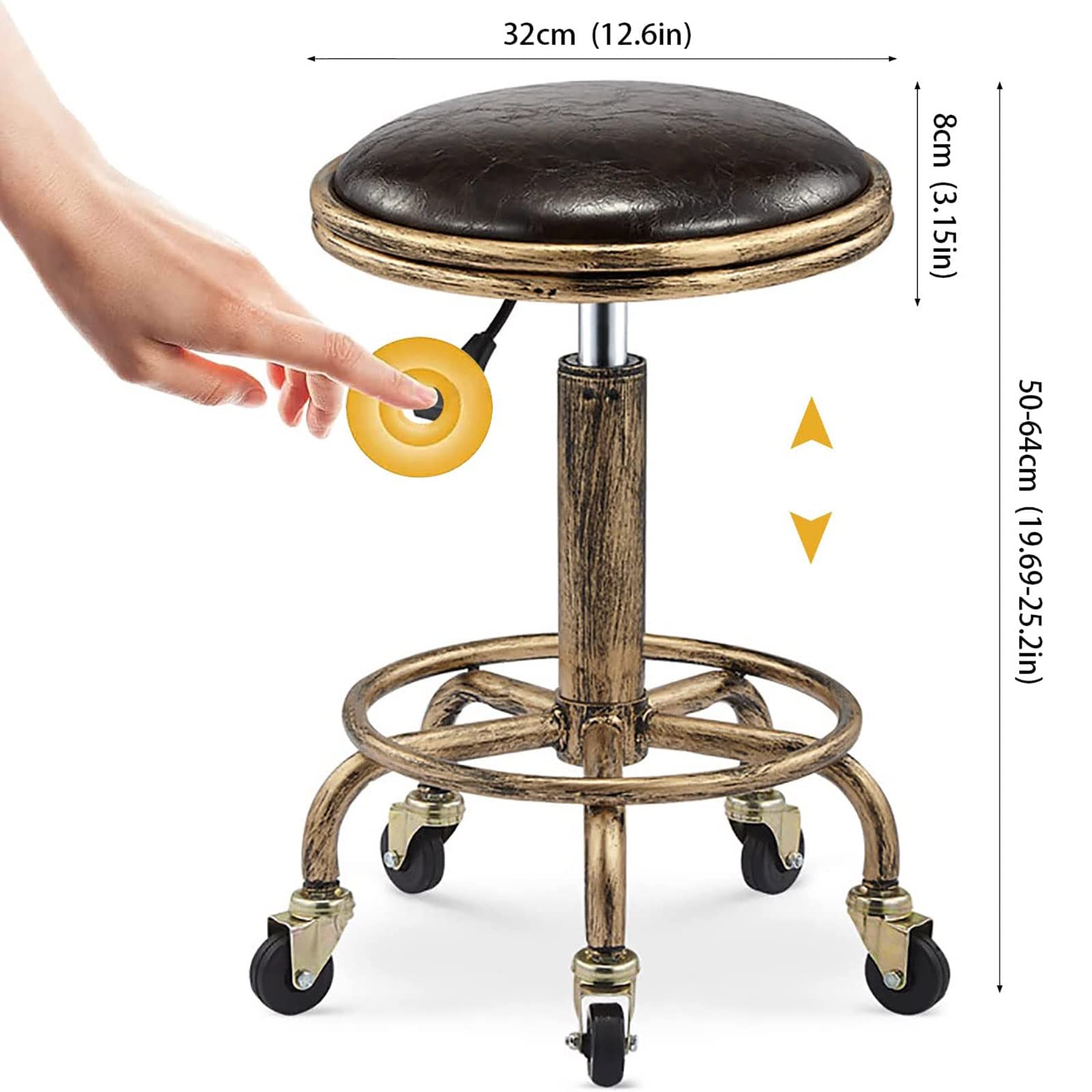 Adjustable Height Rolling Stool with Wheels - PU Leather Swivel Office Stool for Salon, Drafting, Massage & Spa (12.6