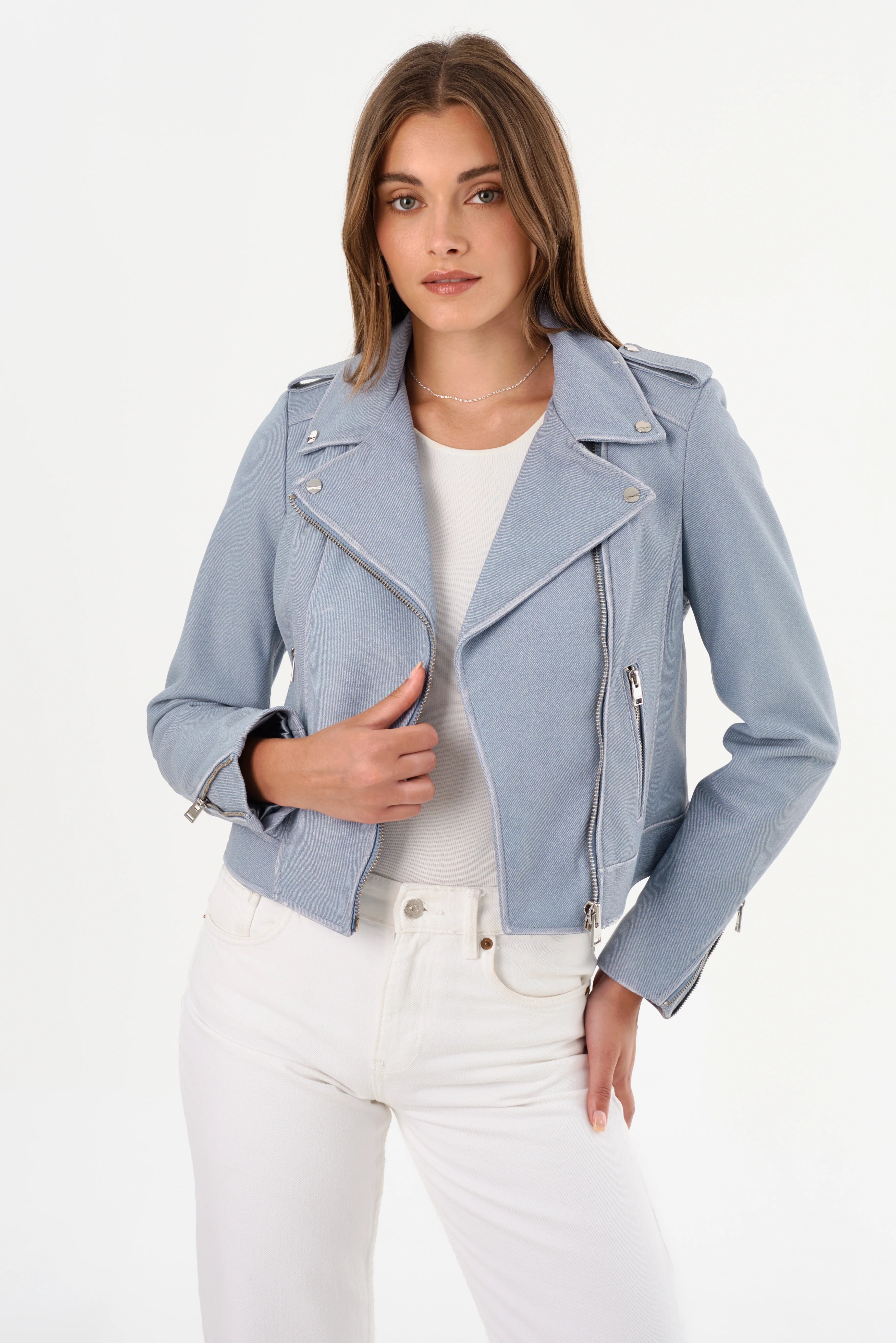Women's Light Blue Denim Leather Biker Jacket - Stylish Motorcycle Outerwear for Casual Wear & Night Out