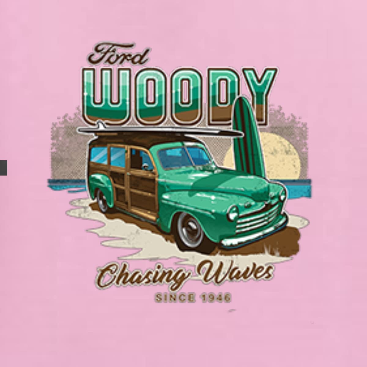 Vintage 1946 Ford Woody Chasing Waves Graphic Hoodie - Wild Bobby Retro Car & Truck Unisex Sweatshirt for Beach, Surfing & Car Enthusiasts