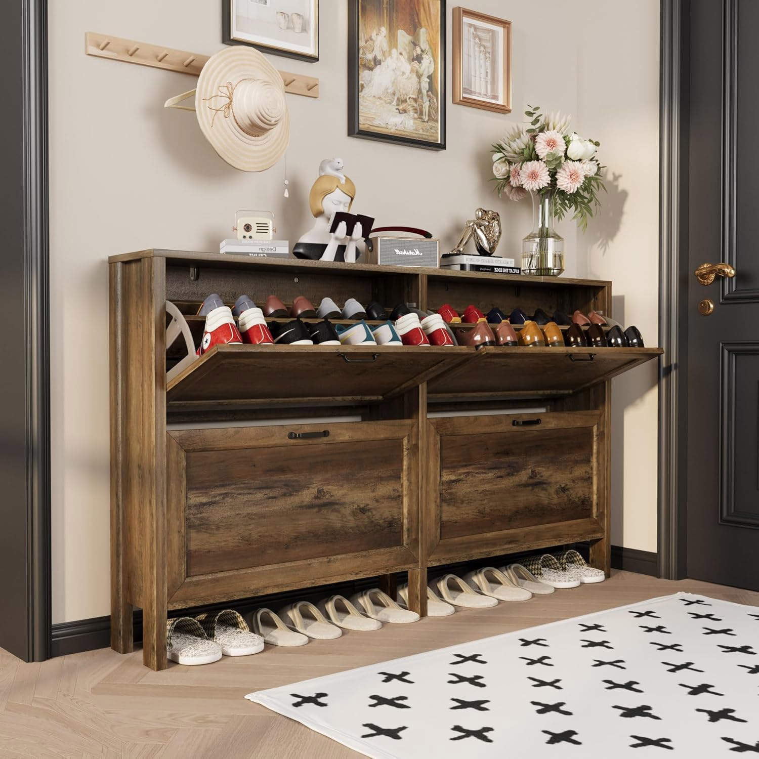 4-Drawer Flip Shoe Cabinet Organizer - Narrow Freestanding Shoe Storage for Entryway & Hallway - Hidden Shoe Rack with Space-Saving Design - Perfect for Small Spaces, Apartments & Closet Organization (Brown)