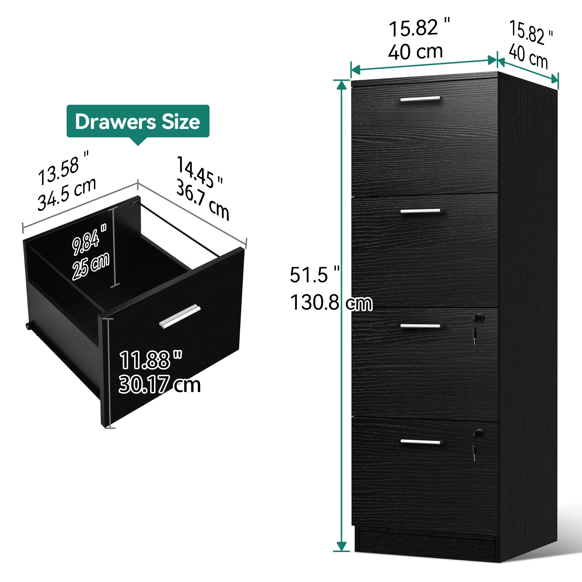 YITAHOME 4-Drawer Filing Cabinet - Black Vertical Storage for A4/Legal Files - Perfect for Home Office Organization