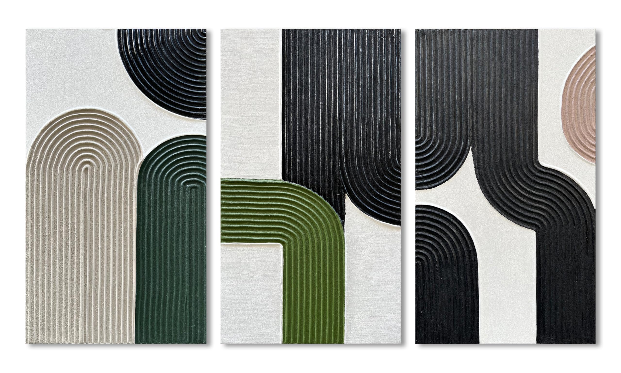 Hand-Painted Abstract Oil Painting Set - White Black Green Textured Modern Minimalist Artwork for Home Wall Decor (28x16 Inch, Pack of 3) | Perfect for Living Room, Bedroom & Office Decoration
