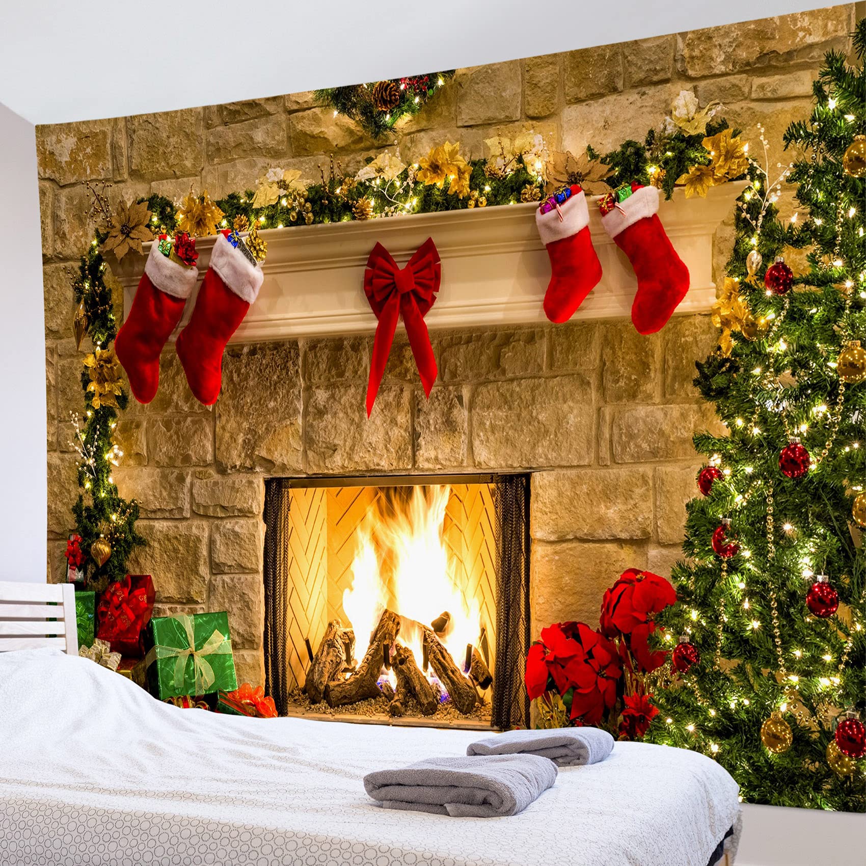 HVEST Christmas Tree Tapestry Wall Hanging - 92.5x70.9 Inch Large Holiday Decor with Stockings for Bedroom, Living Room & Dorm - Warm Orange Festive Wall Art for Christmas Decorations & Seasonal Home Styling