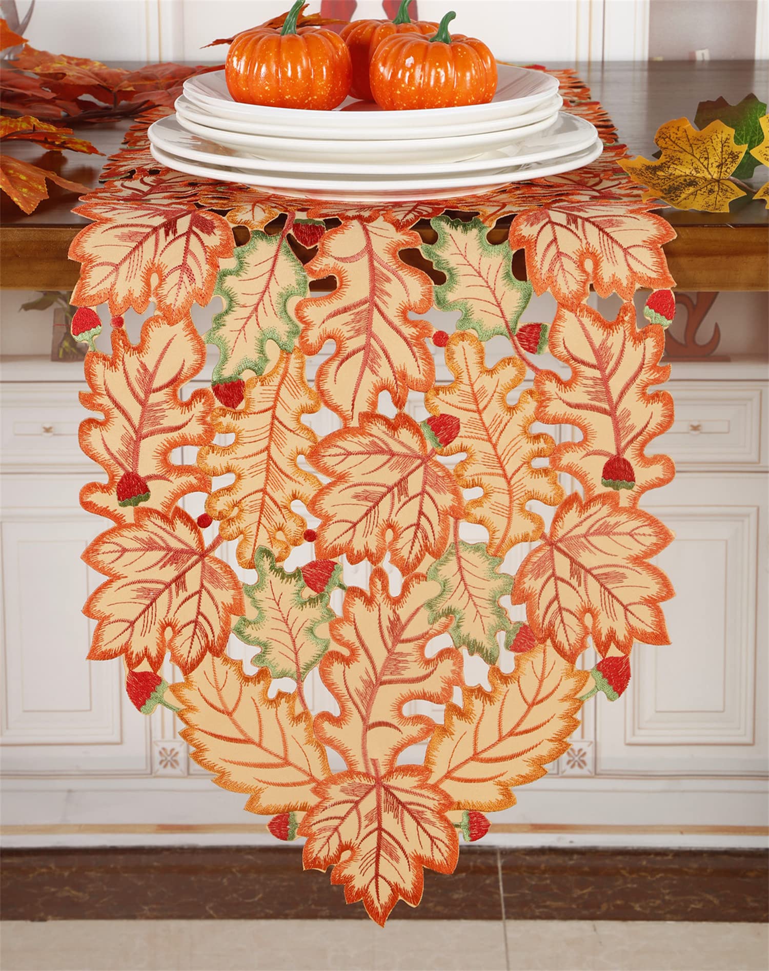 GRANDDECO 13x54 Inch Fall Table Runner with Cutwork Embroidered Maple Leaves - Autumn Harvest Thanksgiving Table Decor for Holiday Dinner, Party & Daily Home Decor - Coffee Brown (Perfect for Thanksgiving Gatherings, Fall Weddings & Cozy Seasonal Home Styling)