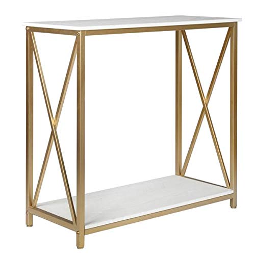 Modern Gold Console Table with Storage Shelf & Faux Marble Top - 2-Tier Entryway Table, Sofa Accent Table with Metal Frame - Perfect for Living Room, Hallway & Small Spaces (Short Style)