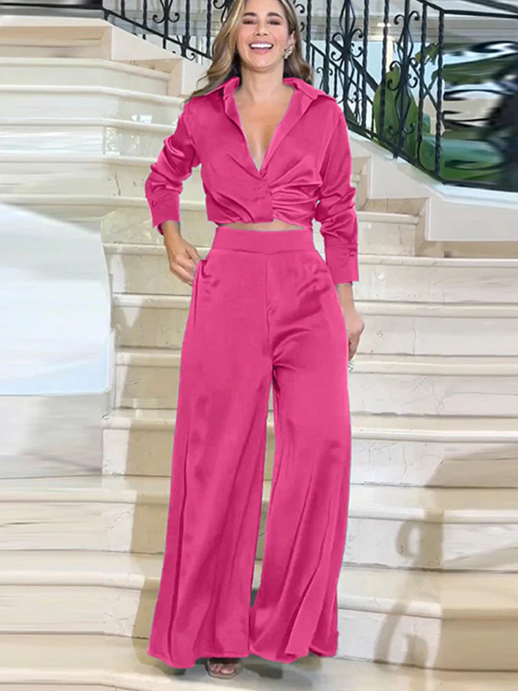 Drauuing Women's 2-Piece Outfit Set - Stylish Crop Top & Wide Leg Pants | Casual Summer Blouse & Pant Sets for Women | Perfect for Beach, Vacation & Everyday Wear
