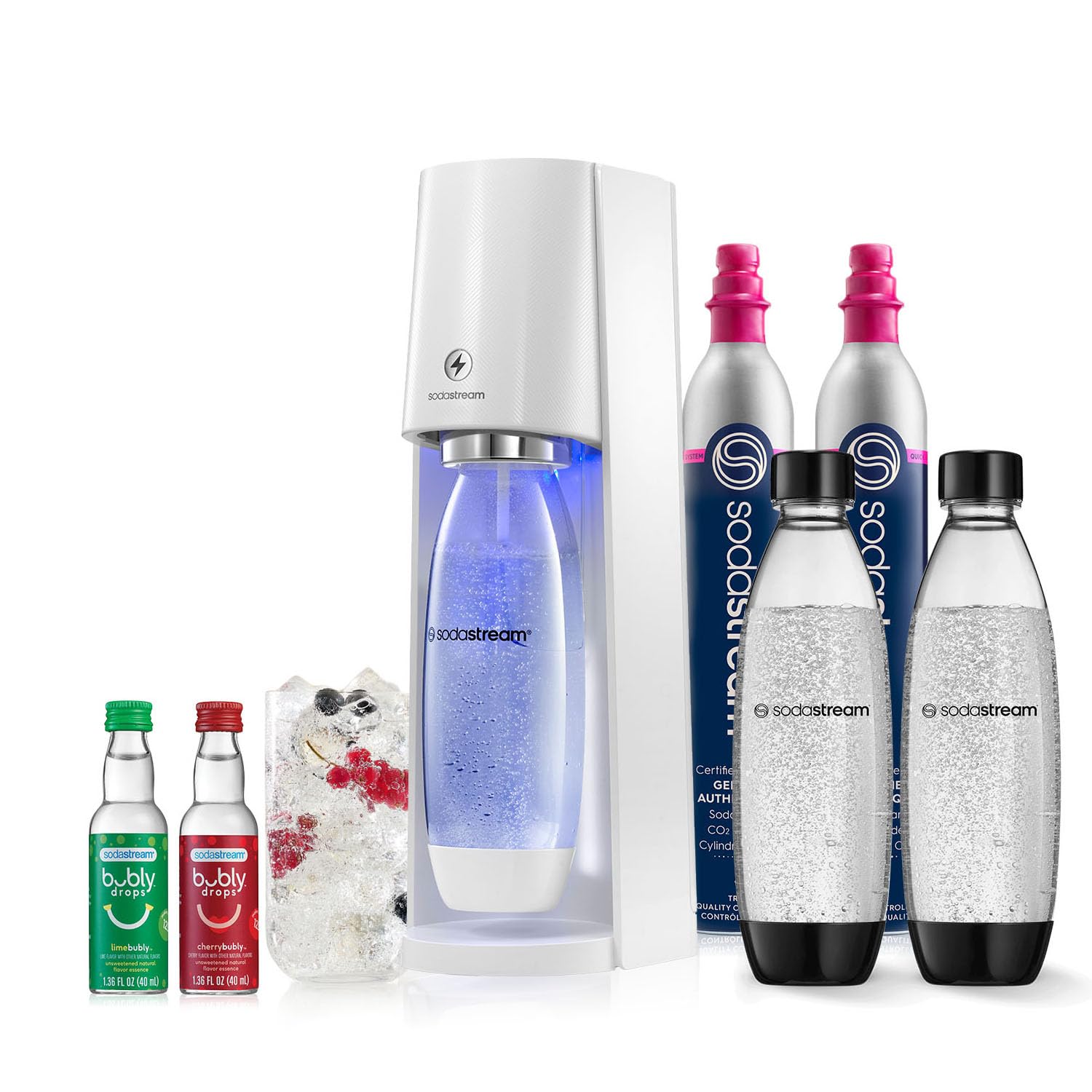 SodaStream E-TERRA Sparkling Water Maker Kit - White Home Soda Machine with CO2 Cylinder, 2 Carbonating Bottles & bubly Drops Flavor Variety Pack - Make Healthy Sparkling Water at Home for Parties, Office or Daily Hydration
