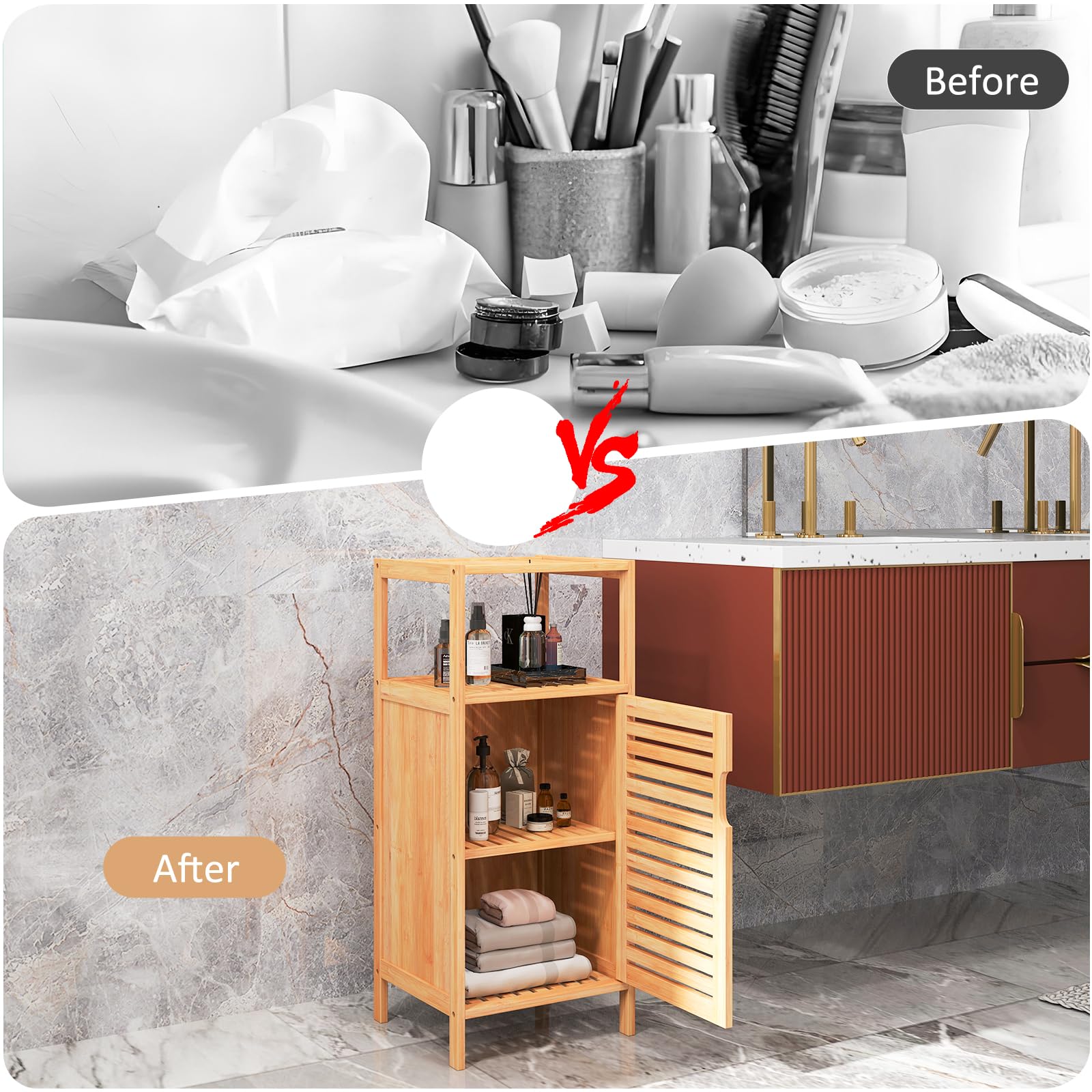 Kinborbaby Small Bathroom Storage Cabinet - Bamboo Bathroom Organizer with 3 Shelves, Narrow Floor Cabinet for Towels & Toiletries, Space-Saving Bathroom Furniture for Apartments & Small Spaces