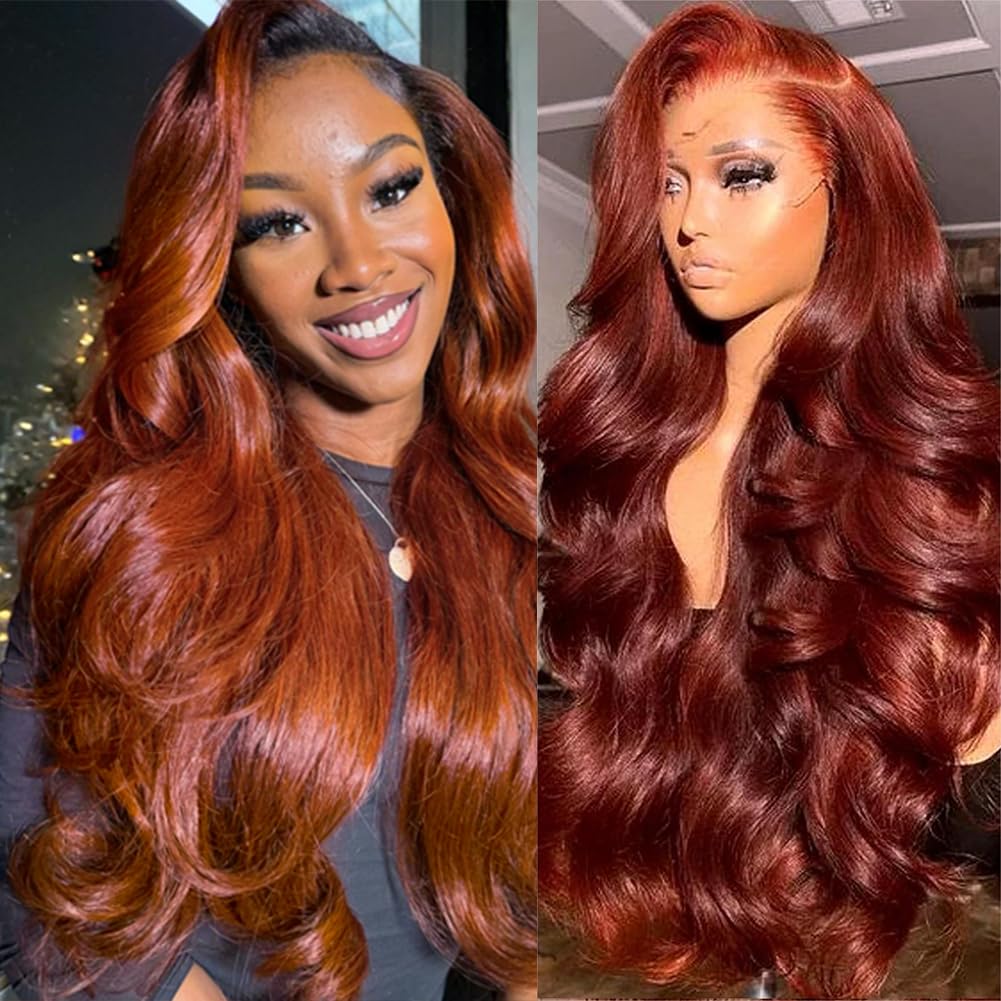 13x4 HD Transparent Lace Front Wig 180% Density - Reddish Brown Body Wave Human Hair Wig with Baby Hair | Auburn Copper Glueless Lace Frontal Wig for Women (28 Inch) | Perfect for Cosplay, Daily Wear & Special Occasions