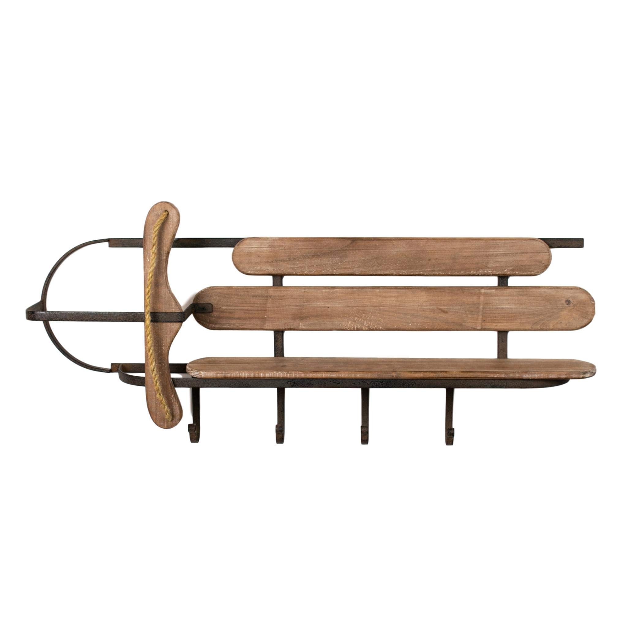 MY SWANKY HOME Sleigh-Shaped Wood Wall Shelf with Metal Frame & 4 Hooks - Rustic Entryway Organizer for Coats, Hats & Keys - Perfect for Farmhouse, Kitchen & Mudroom Decor