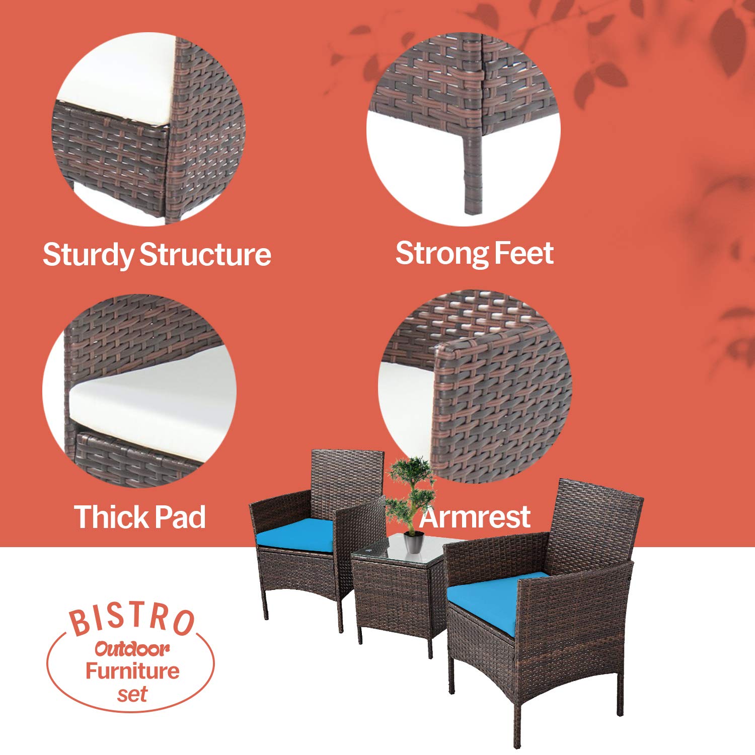 Alvino 3-Piece Patio Bistro Set - Modern Wicker Outdoor Furniture with Thick Cushions & Glass Top Coffee Table - Light Blue Rattan Garden Conversation Set for Backyard, Poolside & Balcony Relaxation