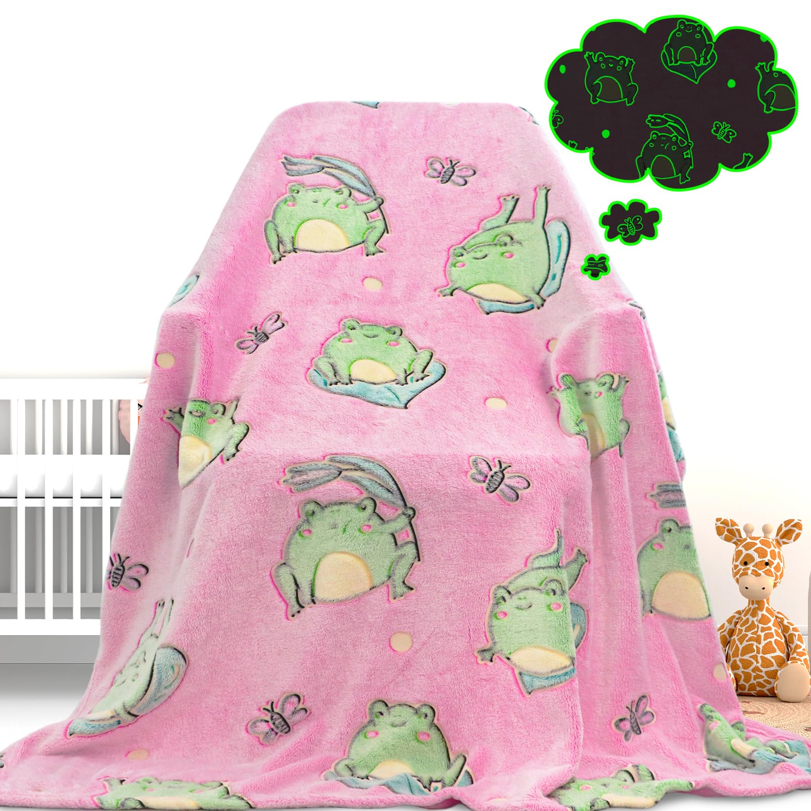 Glow in The Dark Frog Blanket - Soft Fleece Throw for Kids & Women, Cute Pink Frog Gifts for Birthday, Christmas - Perfect for Bedroom, Nursery, Movie Nights & Cozy Evenings