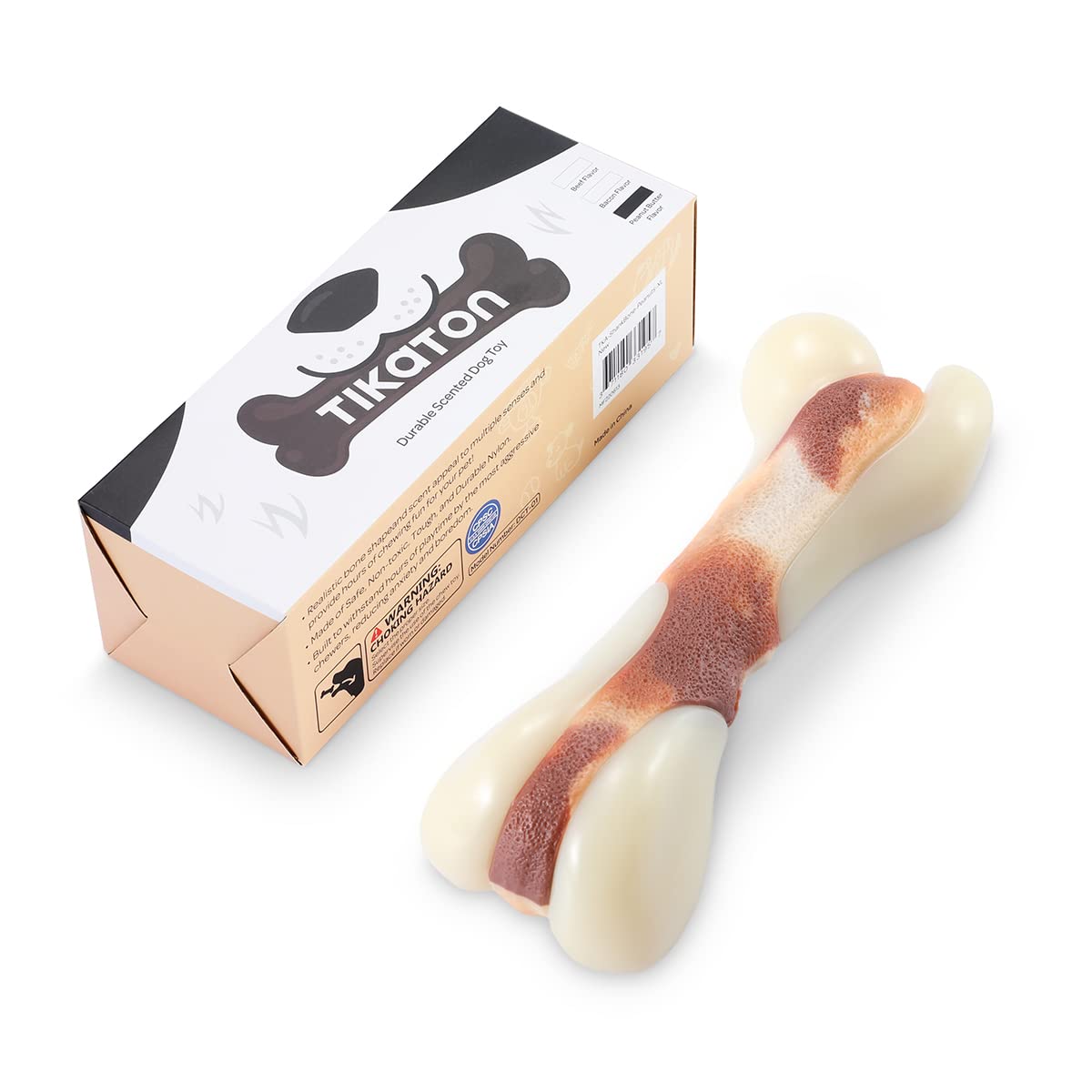 Durable TIKATON Bacon Flavor Dog Chew Toys for Aggressive Chewers - Teething Bones for Large, Medium & Small Puppies - Perfect for Training, Anxiety Relief & Dental Health