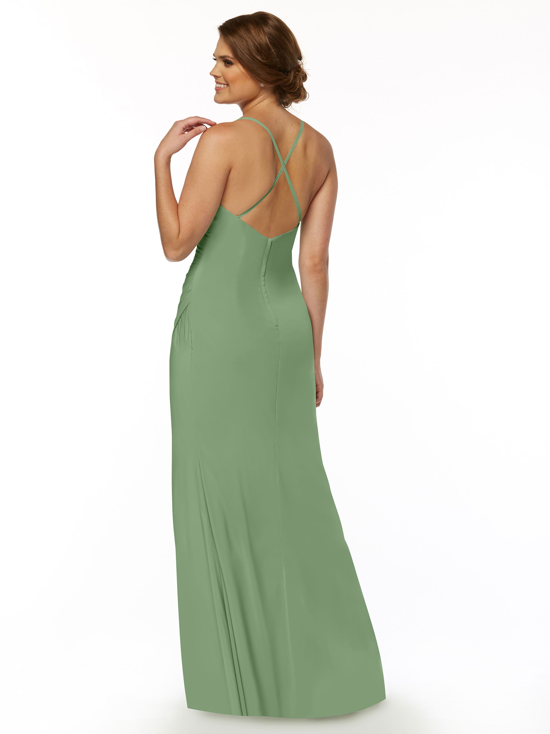 Elegant 80114 Stretch Chiffon Sheath Bridesmaid Dress with Ruching and High Slit - Perfect for Weddings, Formal Events & Evening Parties