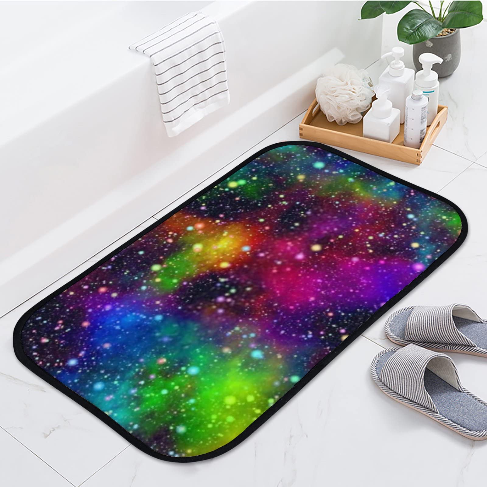 **Kuizee Non-Slip Absorbent Bath Mat - 31 x 20 Inches, Soft Machine Washable Bathroom Rug with Nebula Night Starry Sky & Rainbow Colors - Perfect for Bathroom, Tub, Shower, and Entryway Decor**